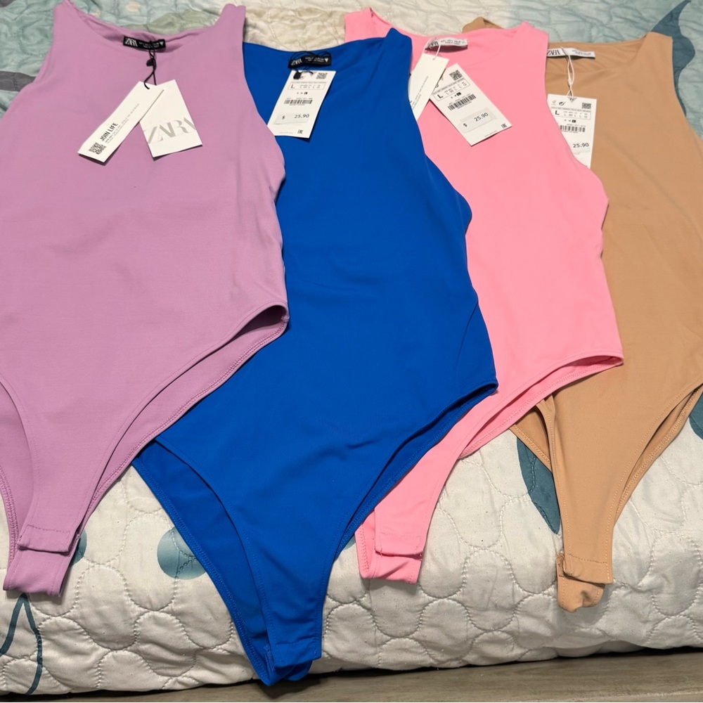 Zara Purple and Blue Bodysuits High-Cut Sleeveless pink, purple, tan and blue